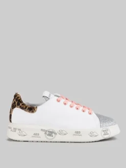 Outlet PREMIATA SNEAKER BELLE IN PELLE BIANCA CON DETTAGLI IN GLITTER E CAVALLINO ANIMALIER Bianco