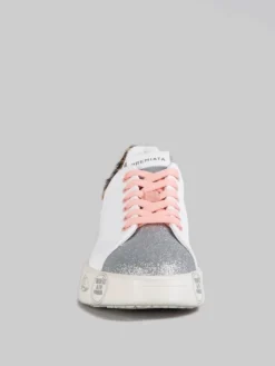 Outlet PREMIATA SNEAKER BELLE IN PELLE BIANCA CON DETTAGLI IN GLITTER E CAVALLINO ANIMALIER Bianco