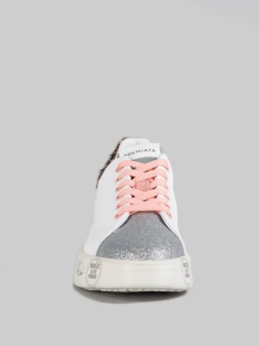 Outlet PREMIATA SNEAKER BELLE IN PELLE BIANCA CON DETTAGLI IN GLITTER E CAVALLINO ANIMALIER Bianco