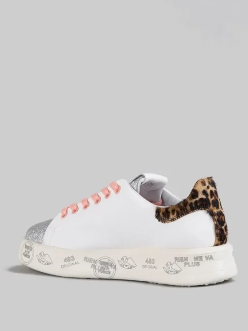 Outlet PREMIATA SNEAKER BELLE IN PELLE BIANCA CON DETTAGLI IN GLITTER E CAVALLINO ANIMALIER Bianco