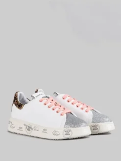 Outlet PREMIATA SNEAKER BELLE IN PELLE BIANCA CON DETTAGLI IN GLITTER E CAVALLINO ANIMALIER Bianco