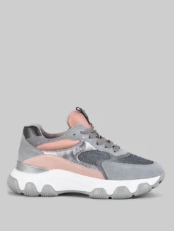 Discount HOGAN SNEAKER HYPERACTIVE IN PELLE LAMINATA, SUEDE E RETE TECNICA CON GLITTER Grigio