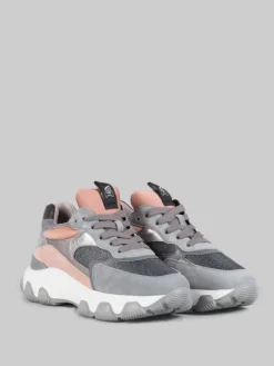 Discount HOGAN SNEAKER HYPERACTIVE IN PELLE LAMINATA, SUEDE E RETE TECNICA CON GLITTER Grigio