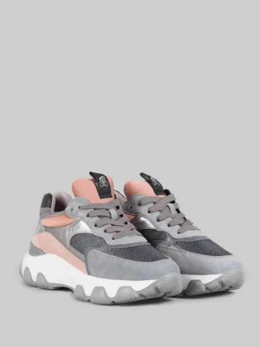 Discount HOGAN SNEAKER HYPERACTIVE IN PELLE LAMINATA, SUEDE E RETE TECNICA CON GLITTER Grigio