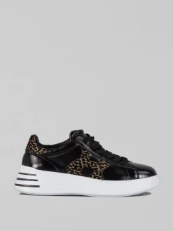 Outlet HOGAN SNEAKER IN PELLE LUCIDA CON DETTAGLI VELVET ANIMALIER Nero