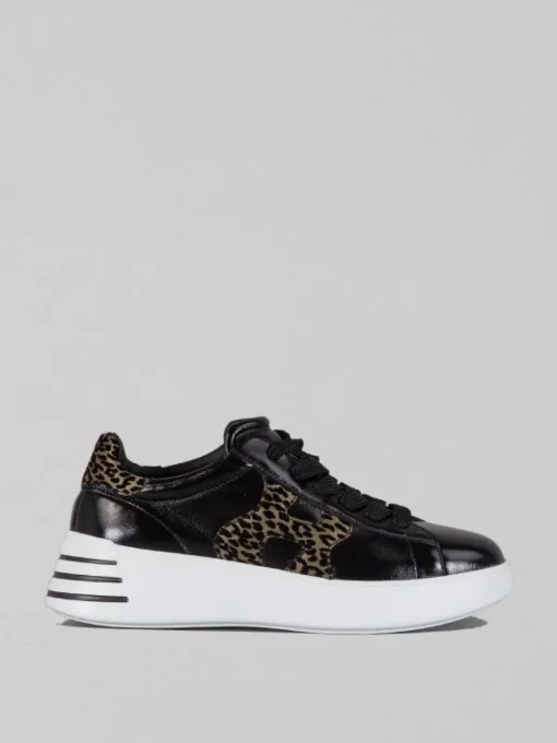 Outlet HOGAN SNEAKER IN PELLE LUCIDA CON DETTAGLI VELVET ANIMALIER Nero