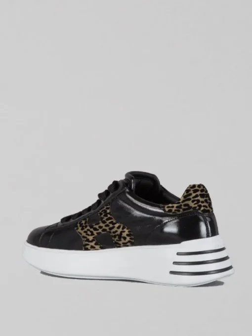 Outlet HOGAN SNEAKER IN PELLE LUCIDA CON DETTAGLI VELVET ANIMALIER Nero