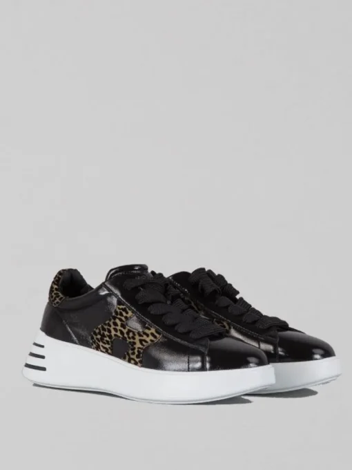 Outlet HOGAN SNEAKER IN PELLE LUCIDA CON DETTAGLI VELVET ANIMALIER Nero