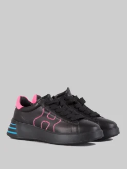 Hot HOGAN SNEAKER REBEL IN PELLE LISCIA NERA CON DETTAGLI FUXIA E AZZURRO Nero