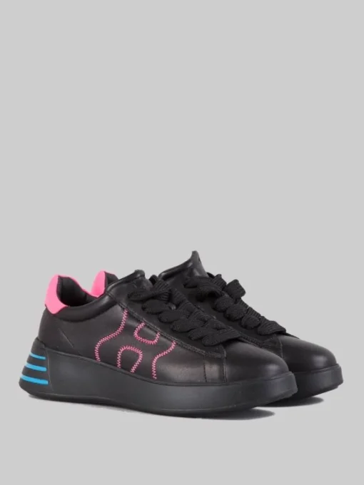 Hot HOGAN SNEAKER REBEL IN PELLE LISCIA NERA CON DETTAGLI FUXIA E AZZURRO Nero