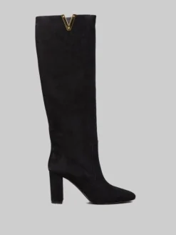 Outlet VIA ROMA 15 STIVALI NERI IN PELLE SCAMOSCIATA VELOUR CON "V" ORO Nero