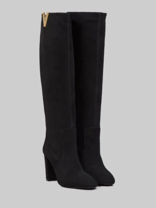 Outlet VIA ROMA 15 STIVALI NERI IN PELLE SCAMOSCIATA VELOUR CON "V" ORO Nero