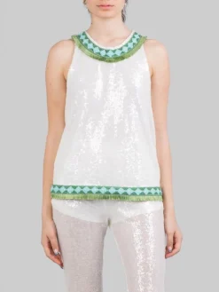 Clearance PHO FIRENZE TOP SENZA MANICHE CON PAILLETTES E PROFILI DECORATI Bianco