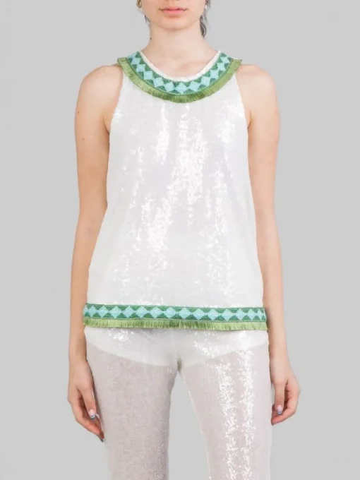 Clearance PHO FIRENZE TOP SENZA MANICHE CON PAILLETTES E PROFILI DECORATI Bianco