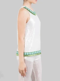 Clearance PHO FIRENZE TOP SENZA MANICHE CON PAILLETTES E PROFILI DECORATI Bianco