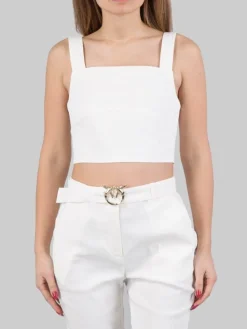 New PINKO TOP CORTO IN MISTO LINO E VISCOSA Bianco