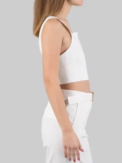 New PINKO TOP CORTO IN MISTO LINO E VISCOSA Bianco