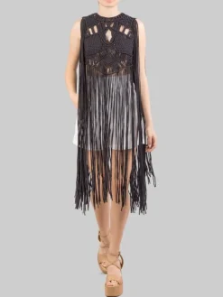 New PHO FIRENZE TOP IN COTONE INTRECCIATO CON LUNGHE FRANGE Nero