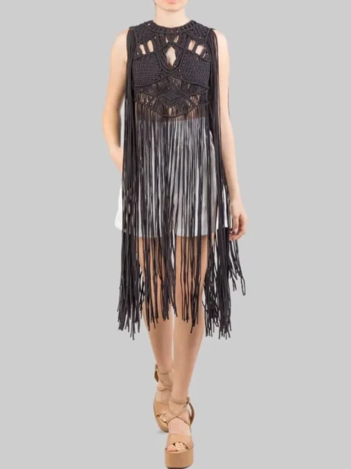 New PHO FIRENZE TOP IN COTONE INTRECCIATO CON LUNGHE FRANGE Nero