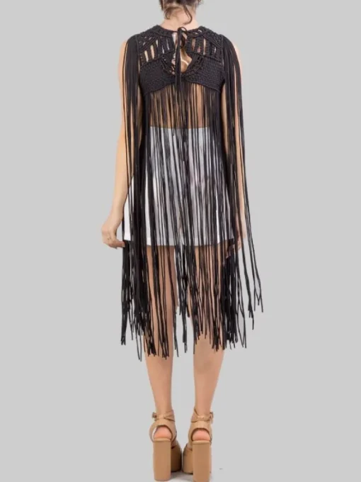 New PHO FIRENZE TOP IN COTONE INTRECCIATO CON LUNGHE FRANGE Nero