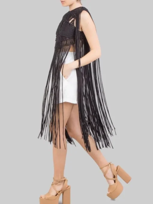 New PHO FIRENZE TOP IN COTONE INTRECCIATO CON LUNGHE FRANGE Nero