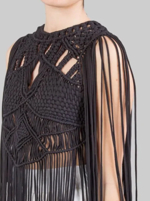 New PHO FIRENZE TOP IN COTONE INTRECCIATO CON LUNGHE FRANGE Nero