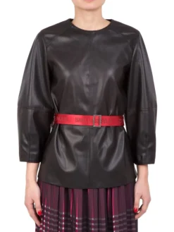 Outlet KARL LAGERFELD TOP IN ECOPELLE CON CINTURA IN VITA A CONTRASTO DI COLORE Nero