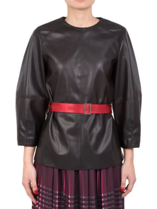 Outlet KARL LAGERFELD TOP IN ECOPELLE CON CINTURA IN VITA A CONTRASTO DI COLORE Nero