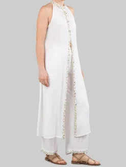 Fashion MIRIAM STELLA TOP LUNGO SMANICATO CON PERLE Bianco