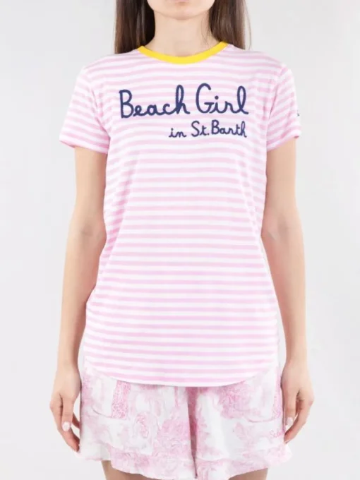 Discount MC2 SAINT BARTH T-SHIRT DANA IN COTONE A FANTASIA RIGHE BIANCO E Rosa