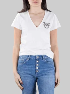 Online PINKO T-SHIRT TURBATO BIANCA CON LOGO IN STRASS E PERLINE Bianco
