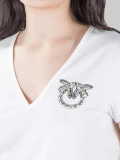 Online PINKO T-SHIRT TURBATO BIANCA CON LOGO IN STRASS E PERLINE Bianco