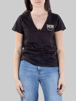 New PINKO T-SHIRT TURBATO NERA CON LOGO IN STRASS E PERLINE Nero