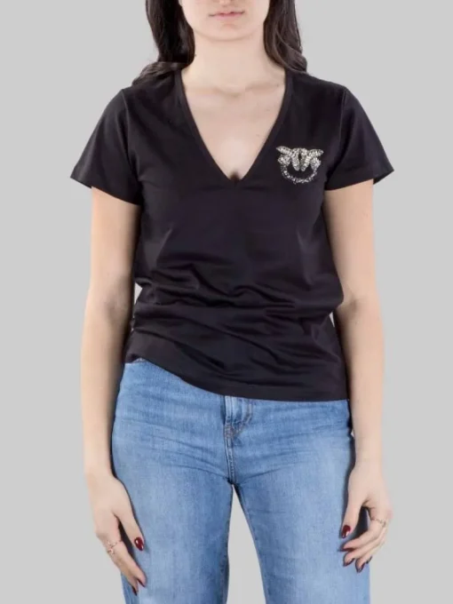 New PINKO T-SHIRT TURBATO NERA CON LOGO IN STRASS E PERLINE Nero