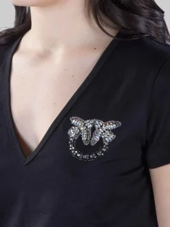 New PINKO T-SHIRT TURBATO NERA CON LOGO IN STRASS E PERLINE Nero