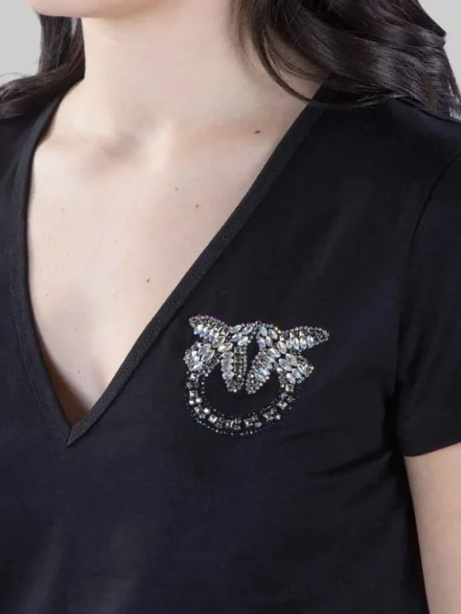 New PINKO T-SHIRT TURBATO NERA CON LOGO IN STRASS E PERLINE Nero